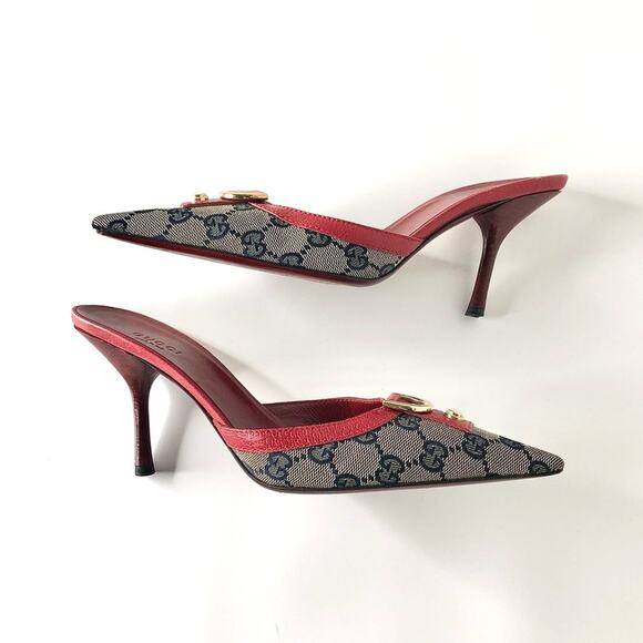 Vintage Gucci D Ring Monogrammed Red Pointed Toe Mules Pumps 37 - Picture 5 of 11